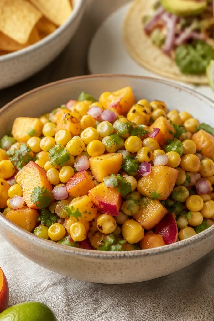 Cozy Peach Corn Salsa for Tacos and Chips