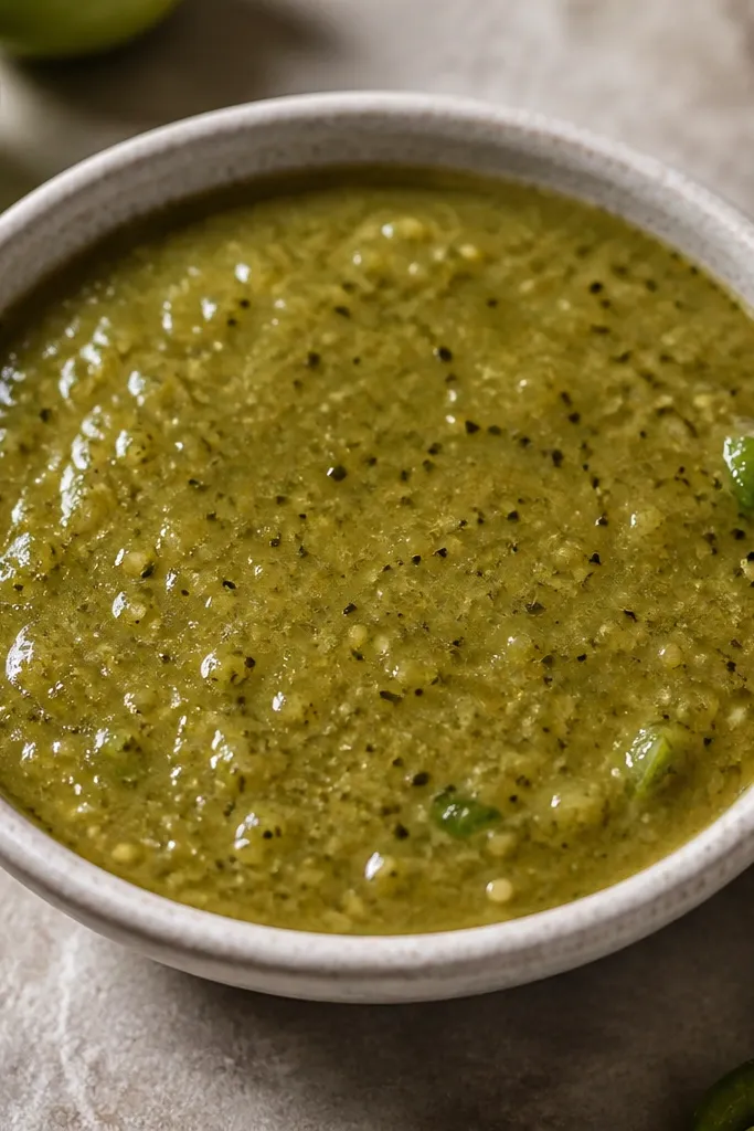 A shallow ceramic bowl filled with thick green salsa verde. The surface shows tiny dark brown freckles from roasted tomatillo skins, with a glossy sheen and a few visible jalapeño bits near the edge.