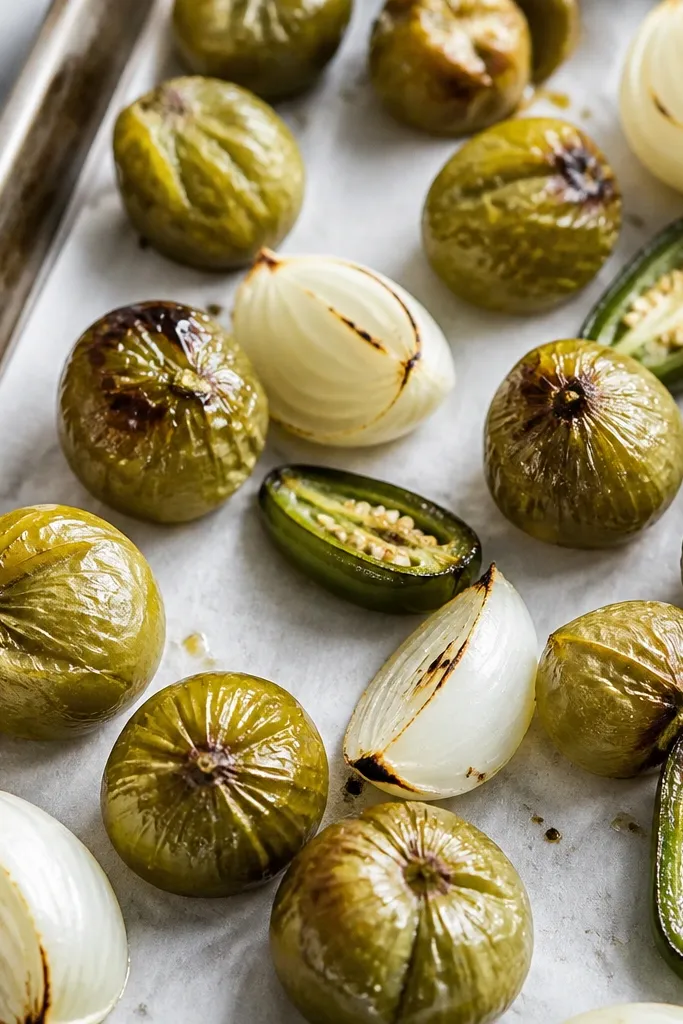 A metal sheet pan lined with parchment. Tomatillos are scattered with wrinkled skins, some with brown blister spots. A halved jalapeño and onion wedges sit among them, all slightly glossy from oil.
