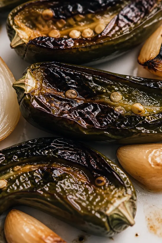 A close-up of roasted jalapeño halves with blistered blackened skins, alongside small onion wedges with browned edges and a few garlic cloves that look soft and caramelized.