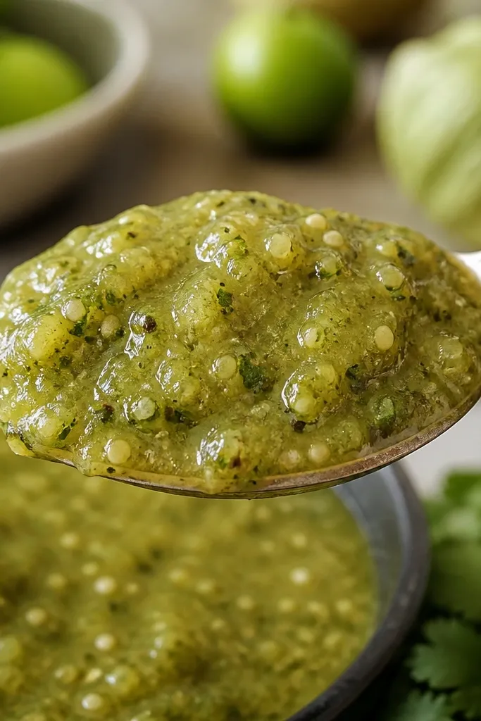 A spoon holds a thick scoop of salsa verde. The salsa clings to the spoon with visible cilantro specks and tiny tomatillo seeds, and dark smoky flecks sit throughout.