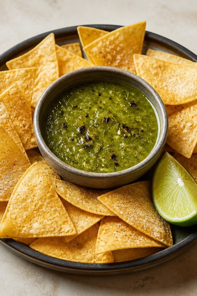 A tray of tortilla chips with light dusting around the edges, a lime wedge placed beside them, and a small bowl of salsa verde in the center with char flecks visible.