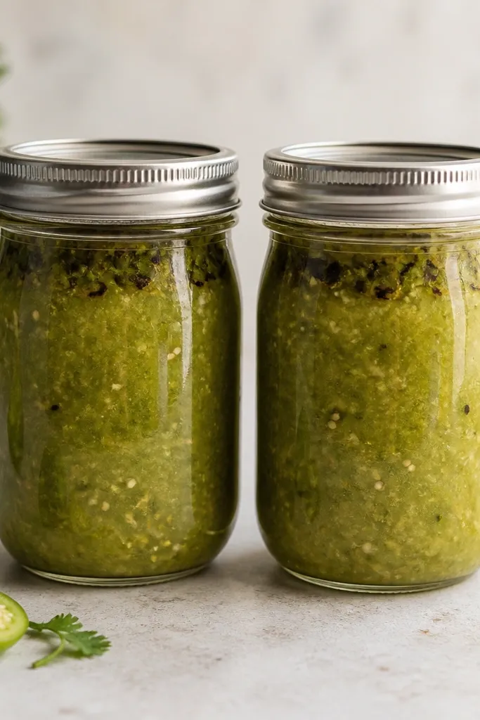 Two mason jars filled with green salsa verde, lids on. Through the glass you can see a slightly darker top layer where char flecks collect.