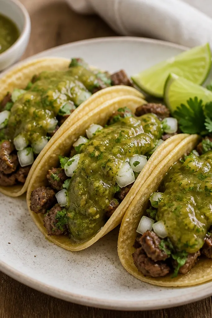 A taco plate with corn tortillas, a spooned layer of salsa verde, and visible green flecks. The salsa looks thick and glossy, pooling slightly at the center of each taco.