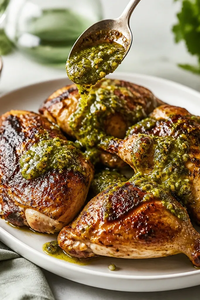 A white platter with roasted chicken pieces. A spoon drizzles thick salsa verde over the top, leaving streaks of green and dark char flecks.