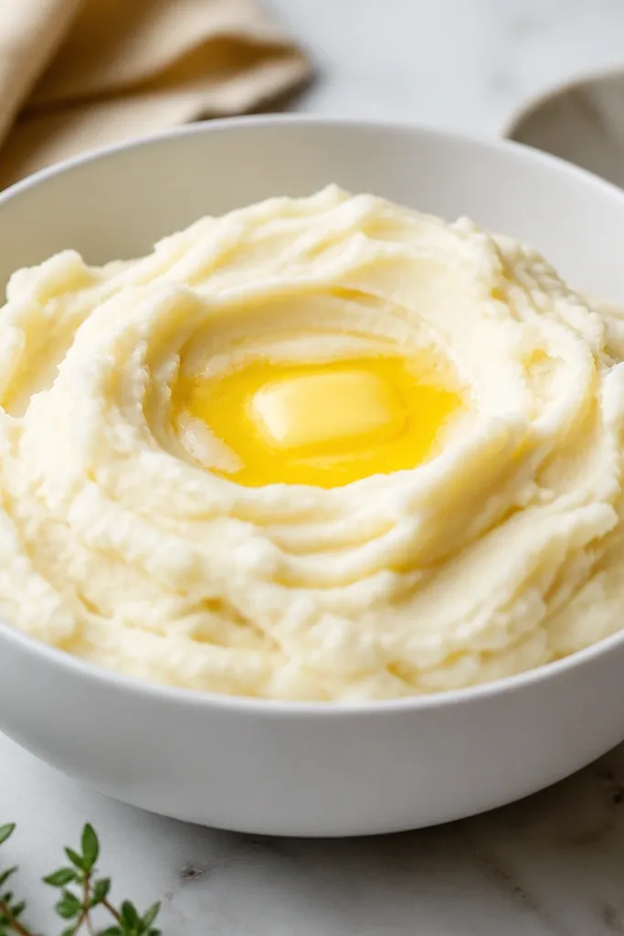 A white bowl filled with cream cheese mashed potatoes, smooth and mound-like, with a small well in the center holding melted butter that catches the light.