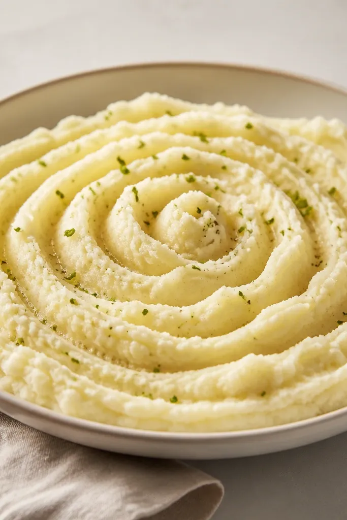 A shallow plate with a spiral of cream cheese mashed potatoes made from a potato ricer, showing fine ridges that catch the light.