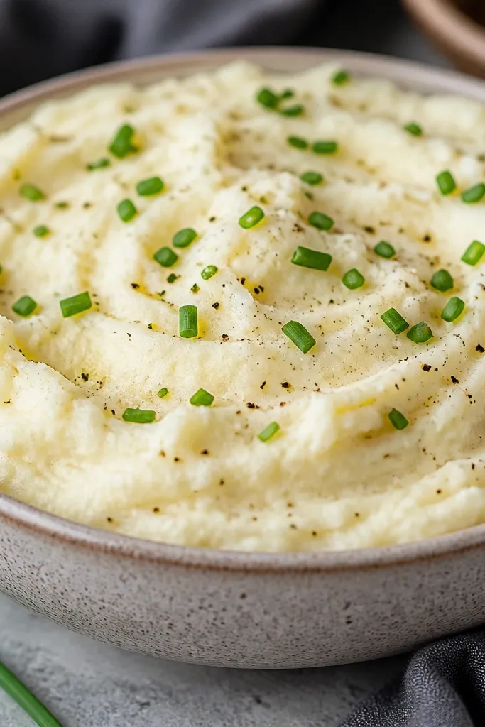 Cream cheese mashed potatoes topped with fine black pepper specks and chopped green chives, with a light, even coat across the surface.