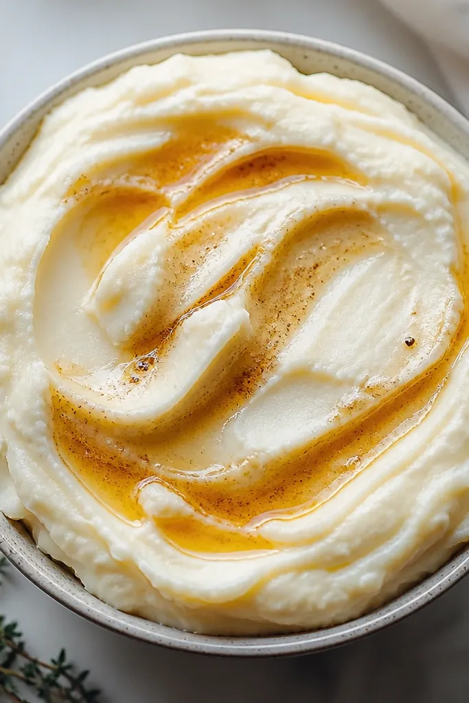 Cream cheese mashed potatoes with a thin ribbon of brown butter, glossy and amber, streaking across the white surface.