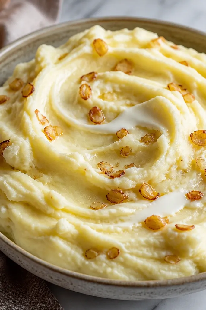 Mashed potatoes with pale cream cheese swirls and tiny golden roasted garlic bits, visible in streaks on top.