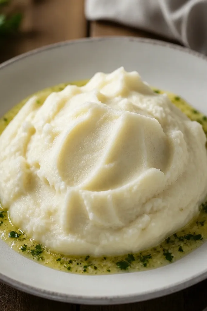 A spoon-mounded pile of cream cheese mashed potatoes with a thin ring of herb butter around the edge of the mound.