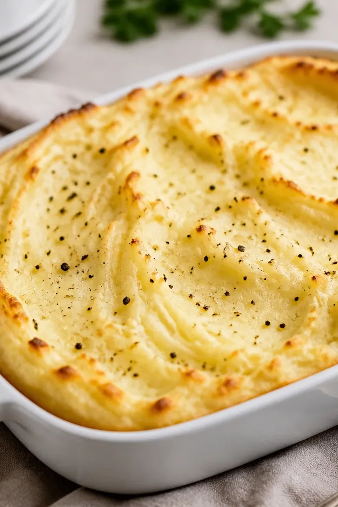 Cream cheese mashed potatoes baked in a shallow dish with a faint golden crust and tiny pepper specks on top.