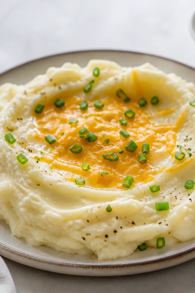 A plated serving of cream cheese mashed potatoes with a small hollow filled with melted shredded cheddar, topped with chives.