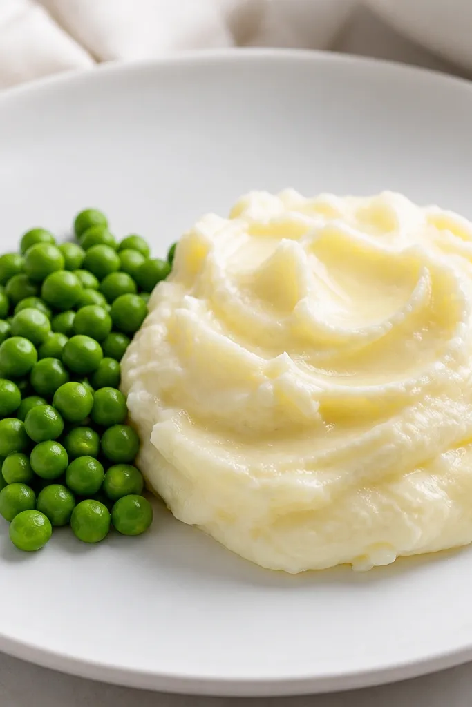 Cream cheese mashed potatoes on a white plate with a neat spoonful of creamy mash and a small pile of matte green peas placed beside it.