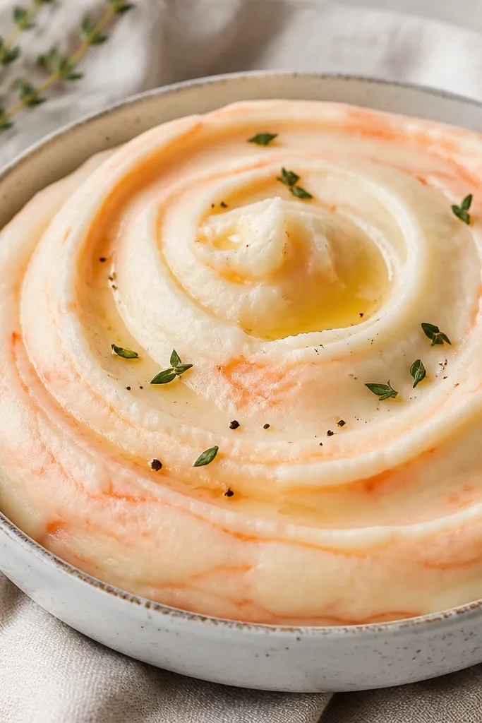 Cream cheese mashed potatoes with a faint pink-orange swirl streaked through the white mash, with no visible chunks.