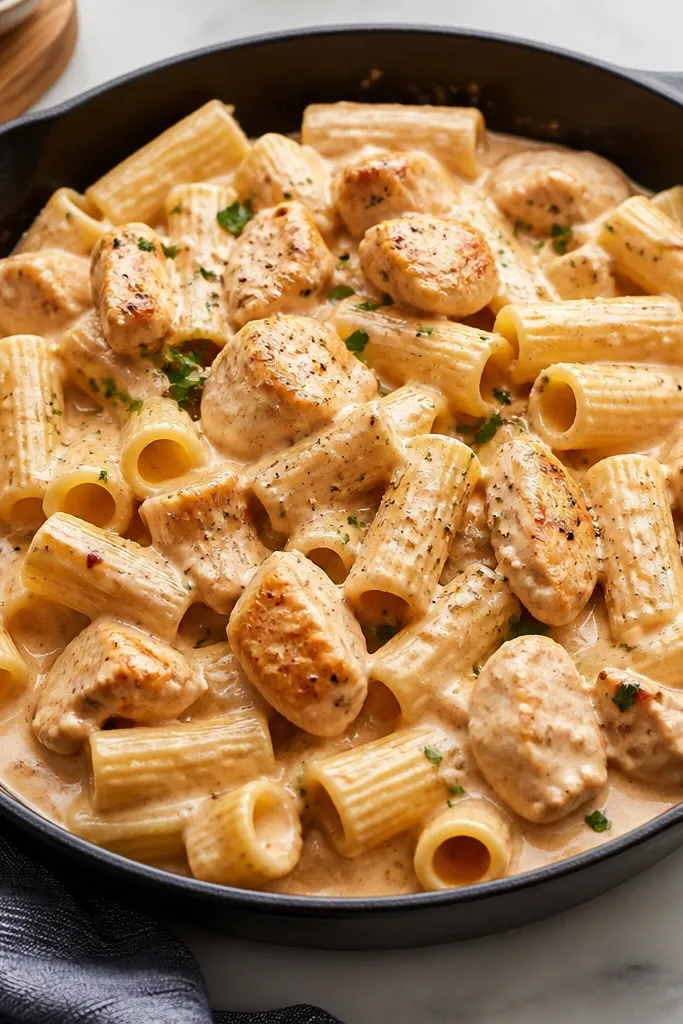 A cast-iron skillet filled with creamy vodka pasta. Bite-size chicken pieces sit on top, coated in a pale pinkish-white sauce with visible pepper specks. Rigatoni tubes are partially submerged, with a light sheen catching the light.
