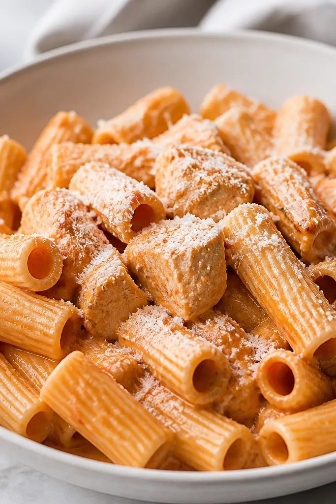 A bowl of rigatoni with creamy vodka sauce. The top has a dusting of freshly grated Parmesan that looks powdery and bright. Small pools of sauce cling inside the ridges, and a few chicken chunks are visible near the center.