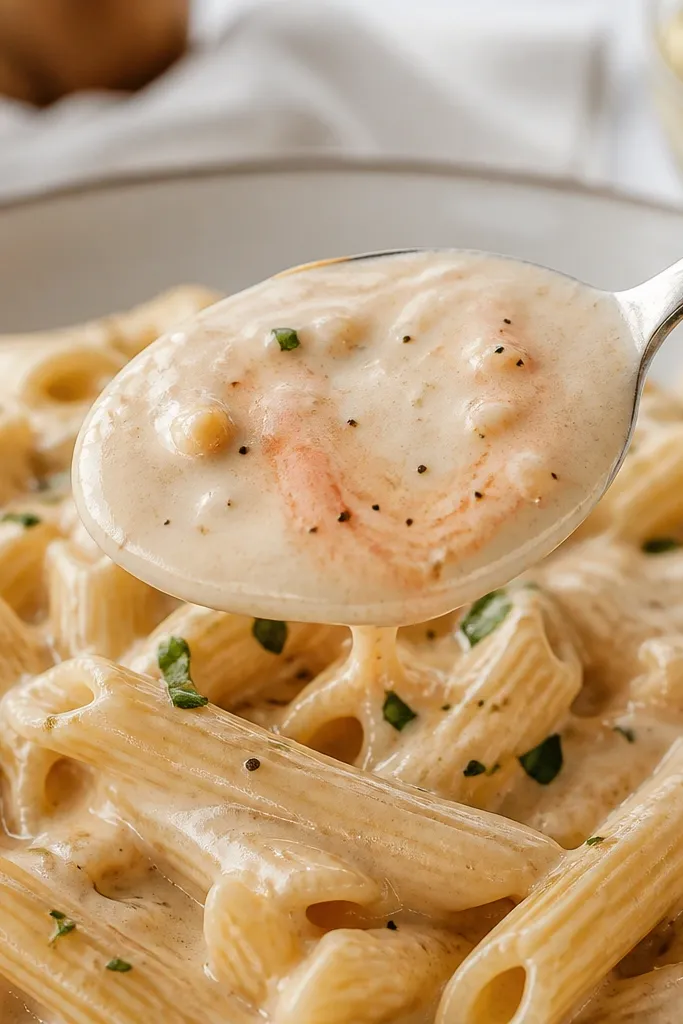 A spoonful of creamy vodka pasta sauce lifted above the plate, showing a faint red swirl under the white cream. The sauce looks smooth and thick, with tiny bits of garlic and pepper suspended.