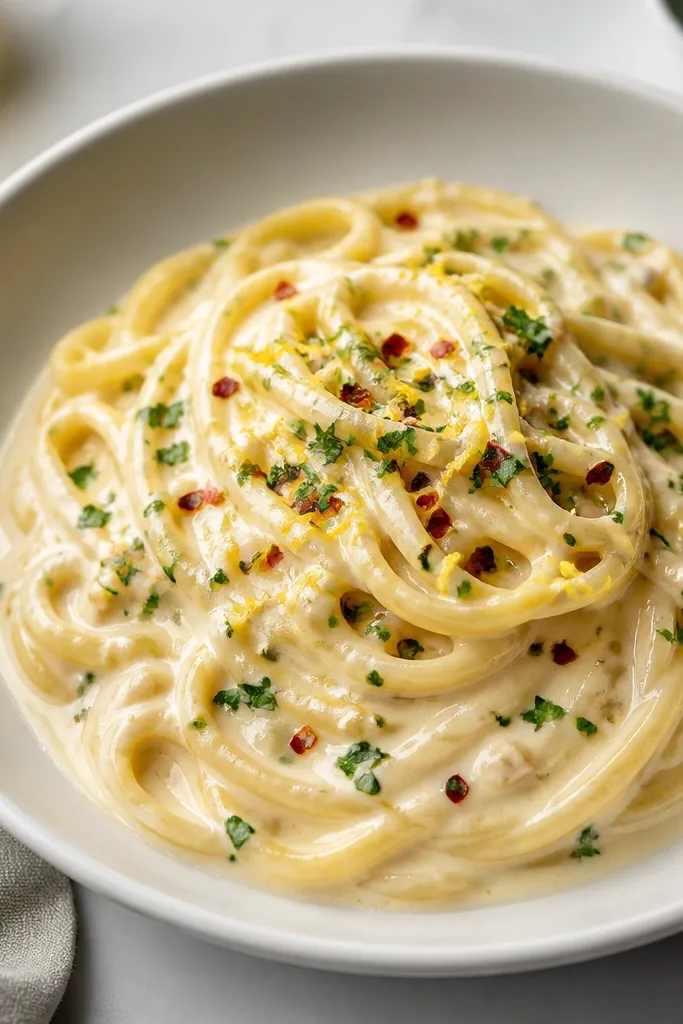 A finished plate with a glossy creamy pasta base. Bright green herb flecks and thin lemon zest shavings sit on top, with a few red pepper flakes scattered. The sauce reflects light and looks thicker around the pasta.