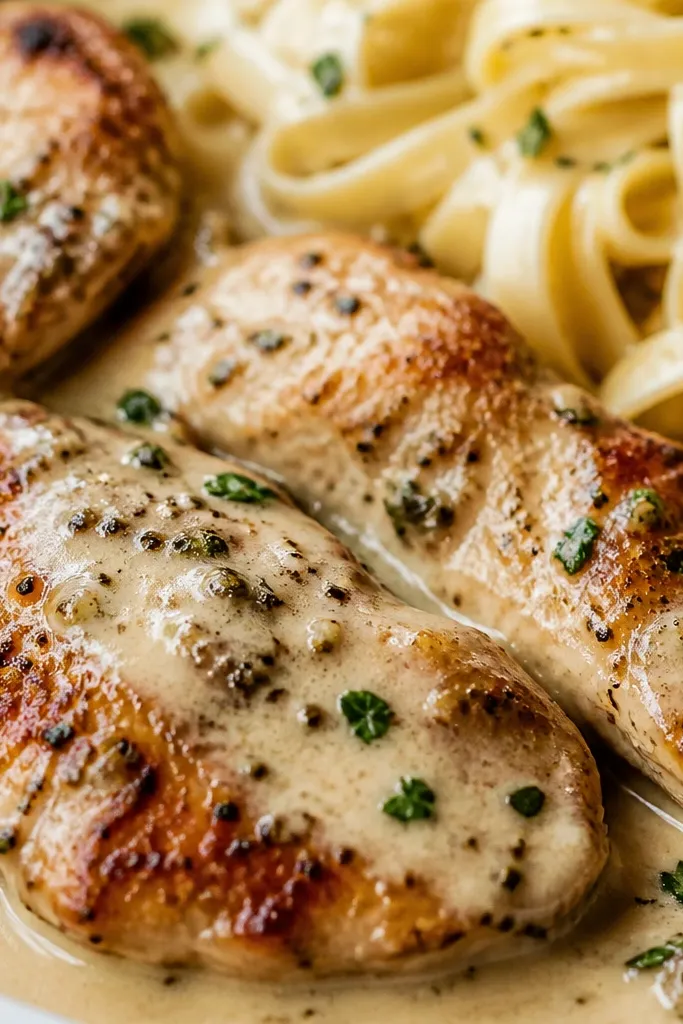 A close-up of chicken pieces coated in creamy sauce. The chicken edges are browned and slightly crisp-looking, with sauce pooling around them. The pasta is partially visible in the background.