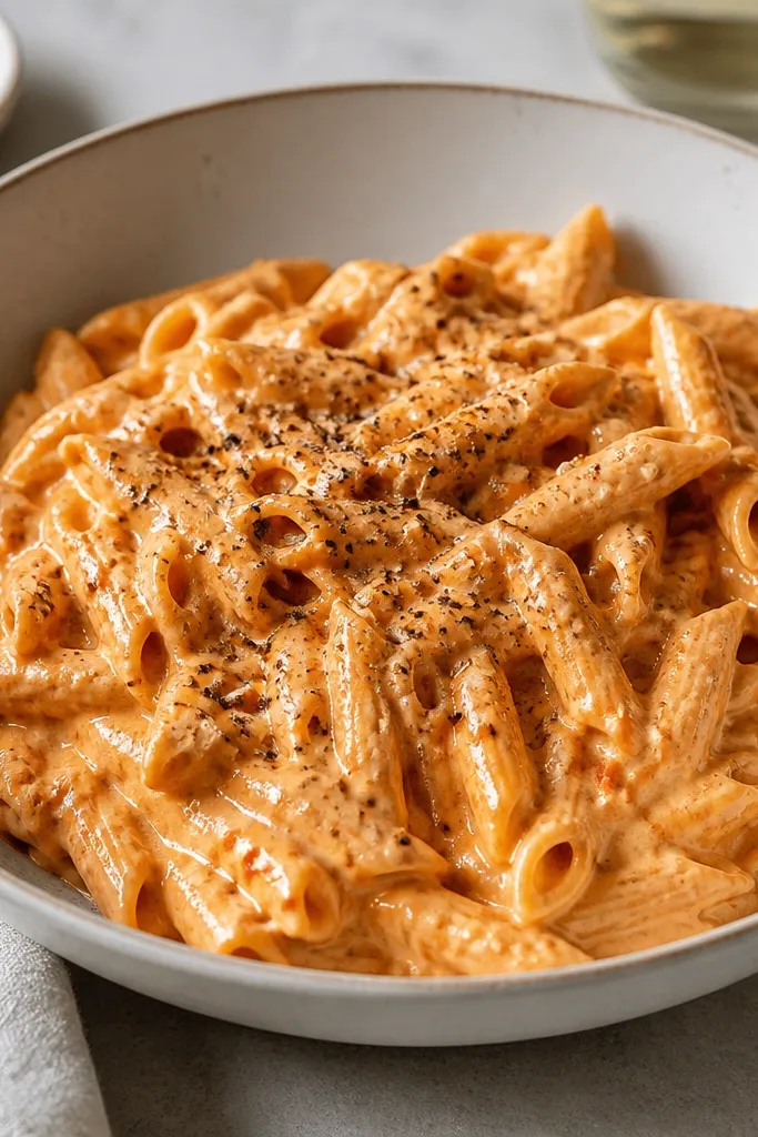 A wide bowl filled with creamy vodka pasta. Black pepper looks freshly cracked, scattered across the top and visible within the sauce. The lighting makes the sauce look smooth and thick.