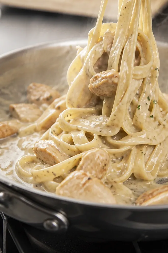 A stainless steel pan with creamy pasta being tossed. The sauce coats the noodles and looks glossy, with a thin film on the pan. Chicken pieces are visible, and the pasta steam rises lightly.