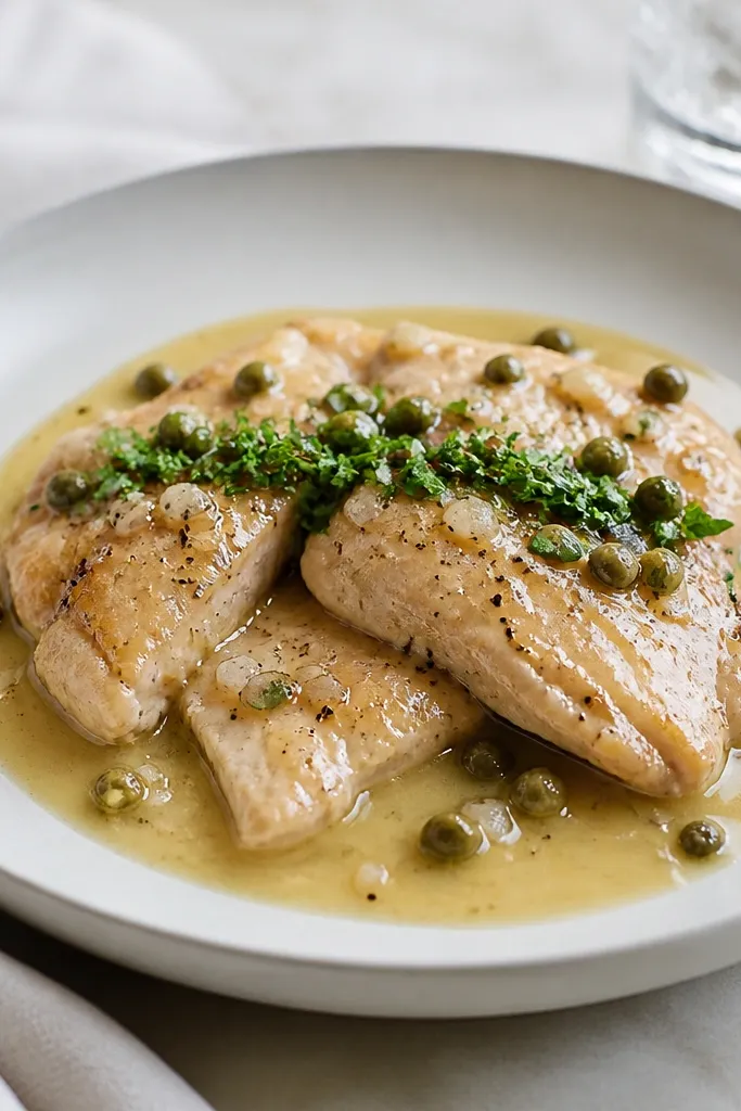 A plated portion with a visible herb garnish line across the top. The sauce has a light sheen, and garlic pieces are tiny and translucent rather than browned chunks. The chicken pieces sit near the center.