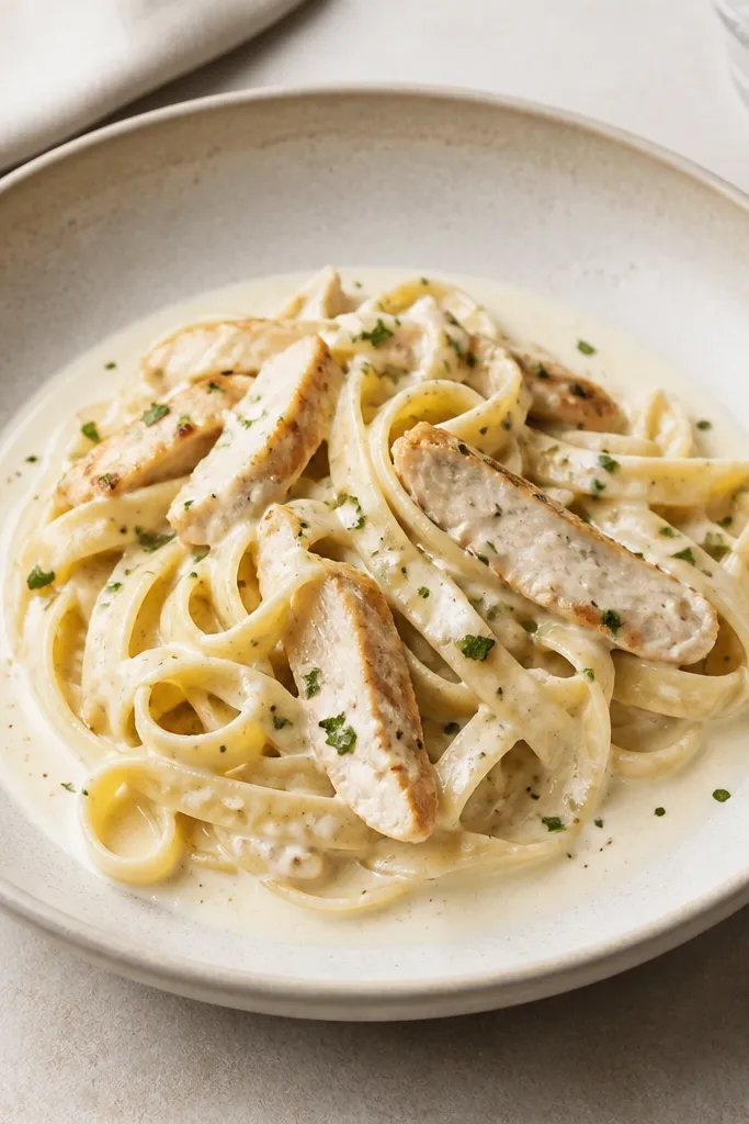 A shallow bowl where the pasta sits slightly off-center, leaving a visible ring of creamy sauce around the edge. Chicken pieces are scattered, and a few herb flecks dot the top.