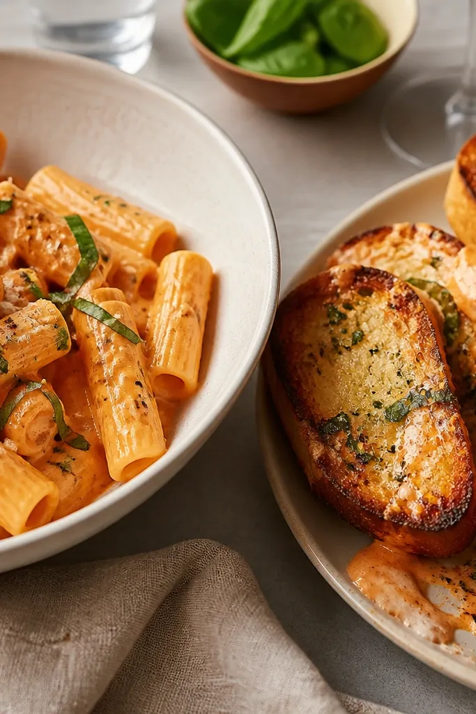 A dinner table shot: creamy vodka pasta in a bowl on the left, and a plate of toasted garlic bread on the right. The bread has browned edges and a glossy butter finish. A few pasta sauce drips are visible on the bread.