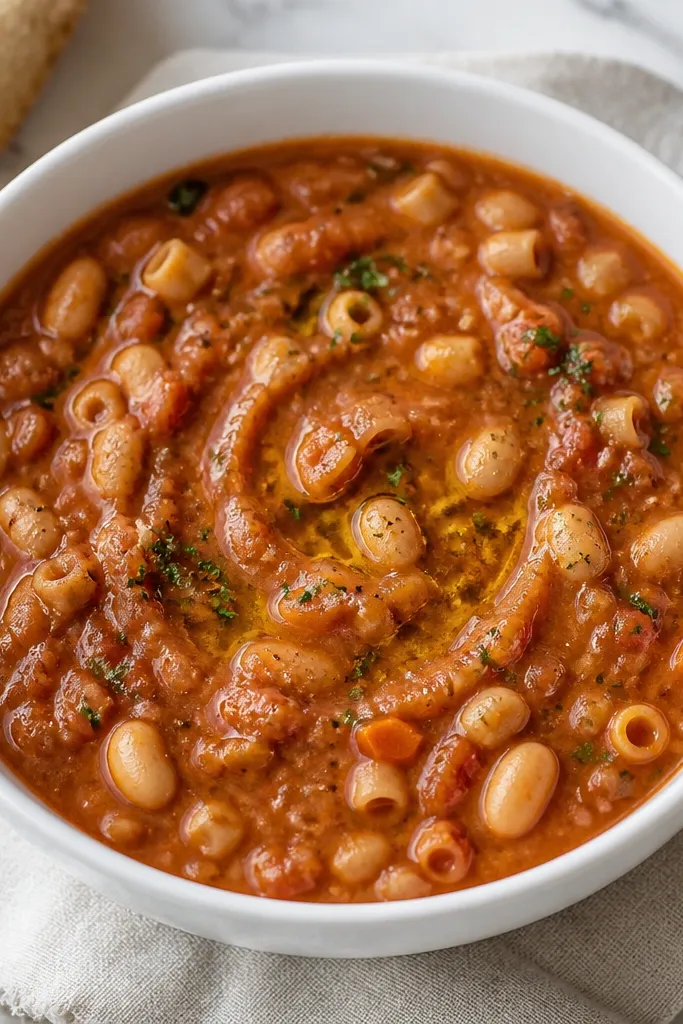 A white bowl filled with thick red-brown pasta fagioli, light specks of herbs, a visible spoon track on the surface, and a small glossy olive oil swirl pooling near the center.