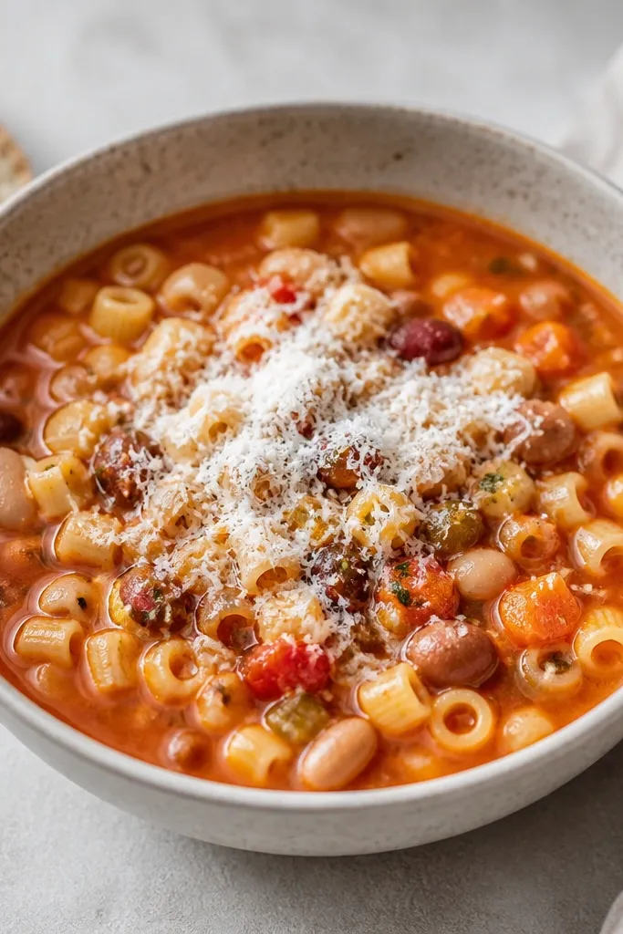 A bowl of pasta fagioli topped with a light snowfall of finely grated parmesan, with a few bean pieces visible around the edges.