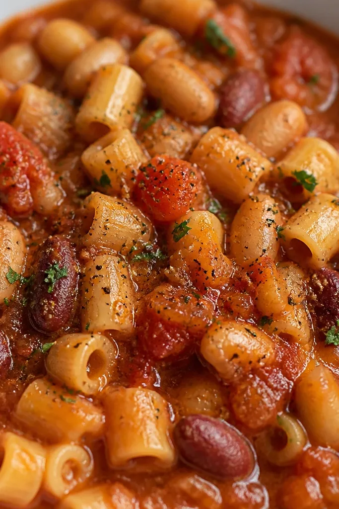 Close-up of pasta fagioli with visible black pepper specks and small green flecks scattered across the red sauce.