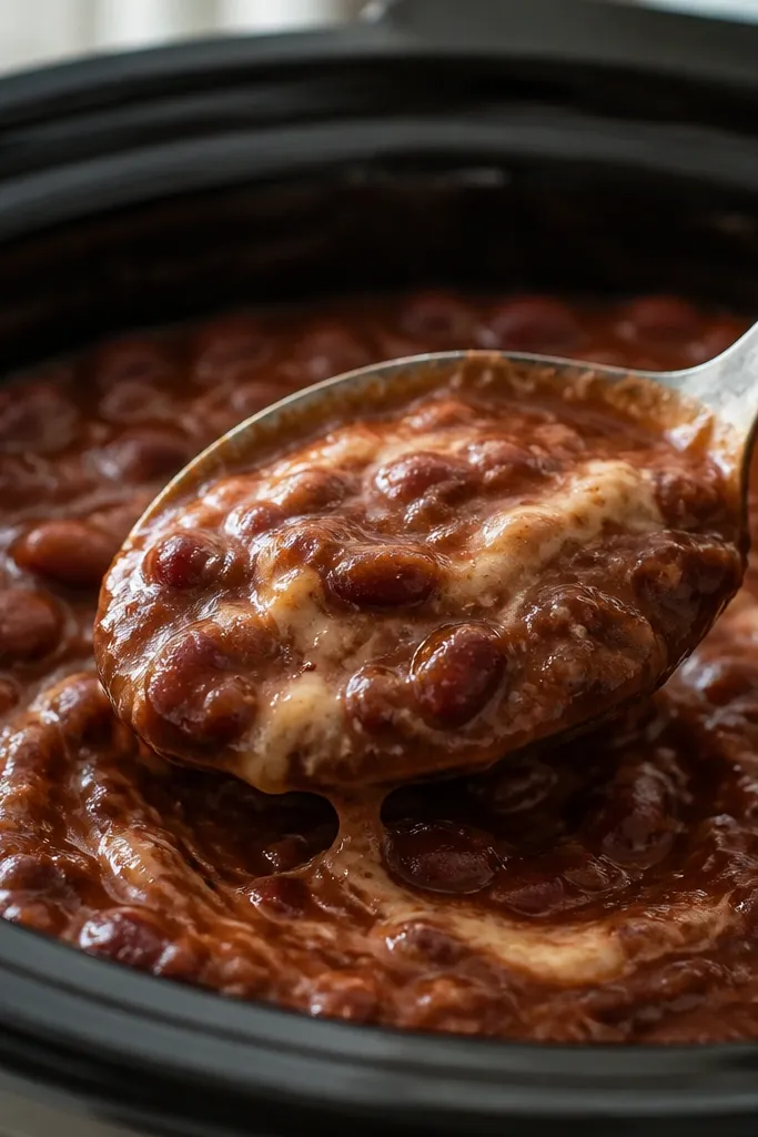 A spoon dipped into the crockpot shows thick sauce with pale bean mash streaks, and the surface looks glossy and slow-moving.