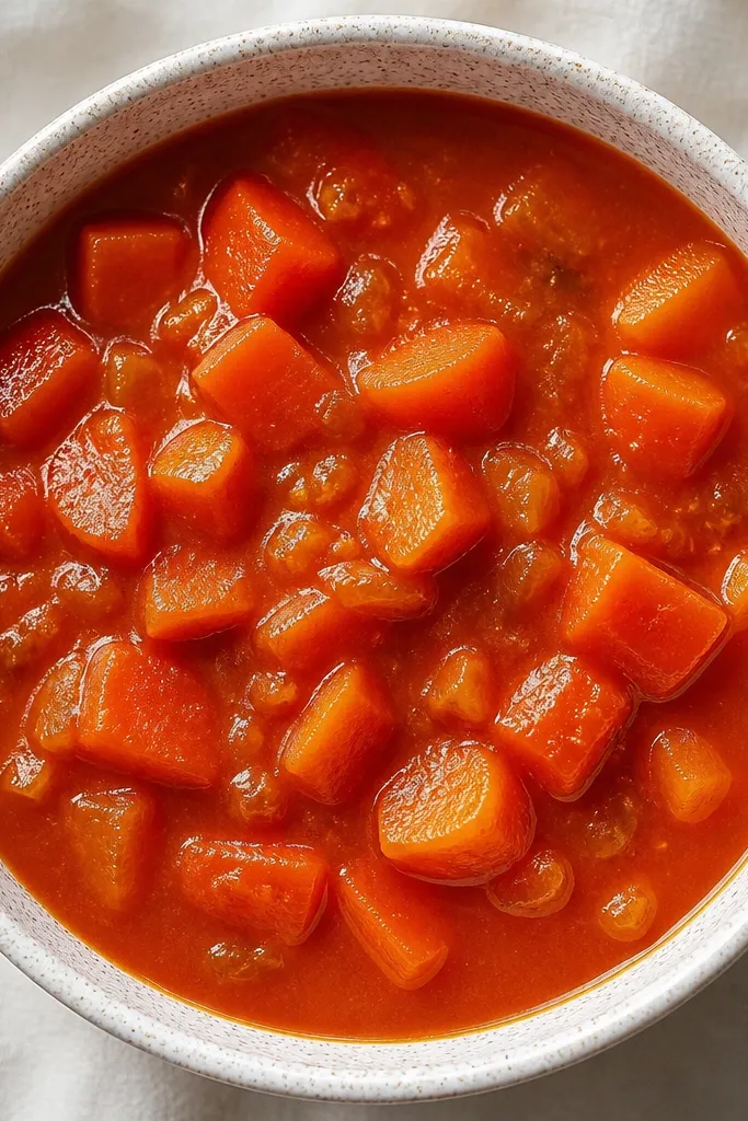 Bowl view showing small soft carrot pieces with rounded edges and a few golden bits in the red sauce.