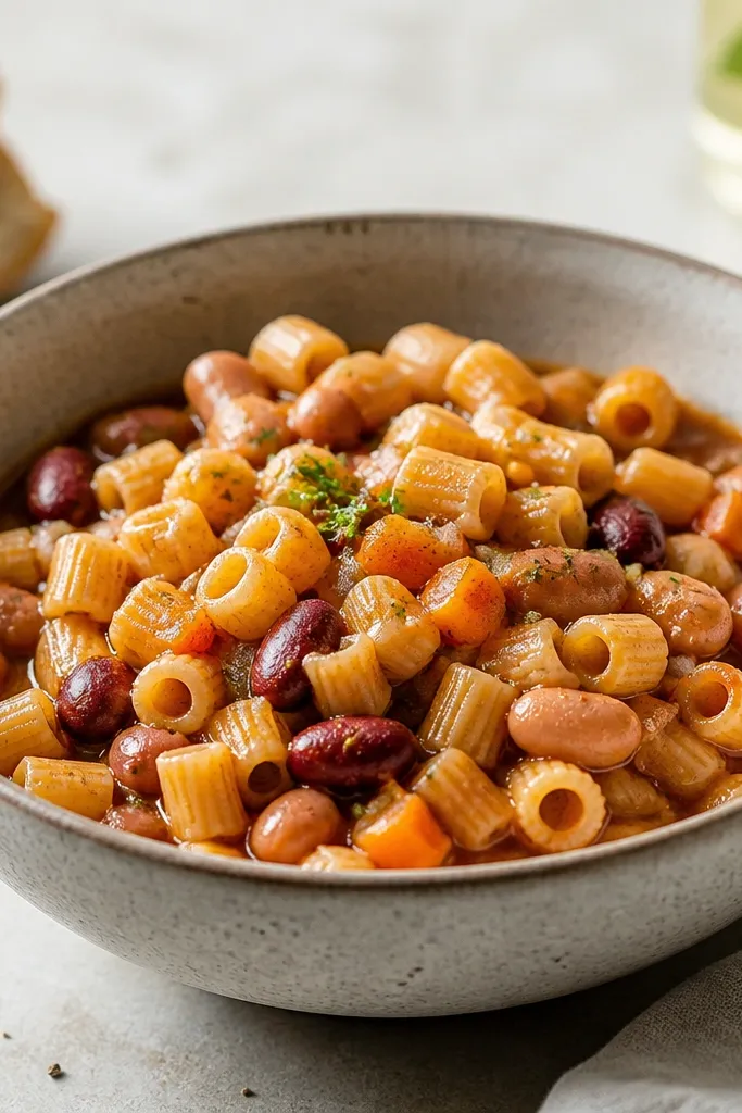 A bowl where the pasta pieces are short and clearly defined, not swollen, with visible ridges and bean chunks throughout.