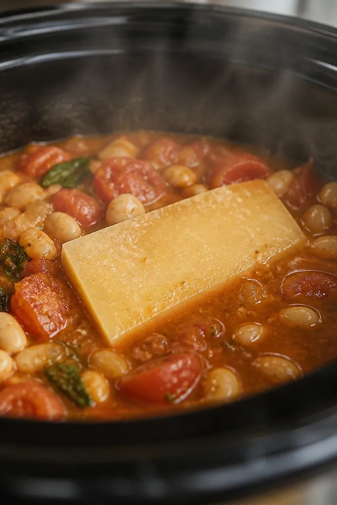 A close shot of the crockpot showing a pale, slightly yellow parmesan rind floating among tomatoes and beans, with steam visible around it.