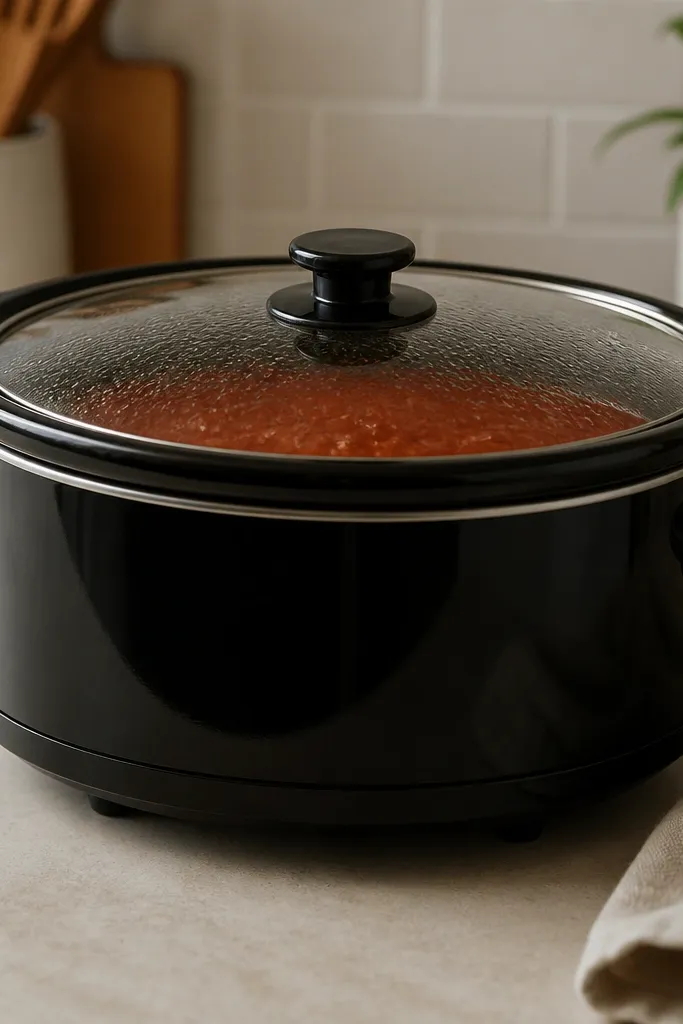 A 4-quart crockpot on a countertop with the lid slightly fogged, filled about two-thirds with red sauce, showing the pot isn't overfilled.