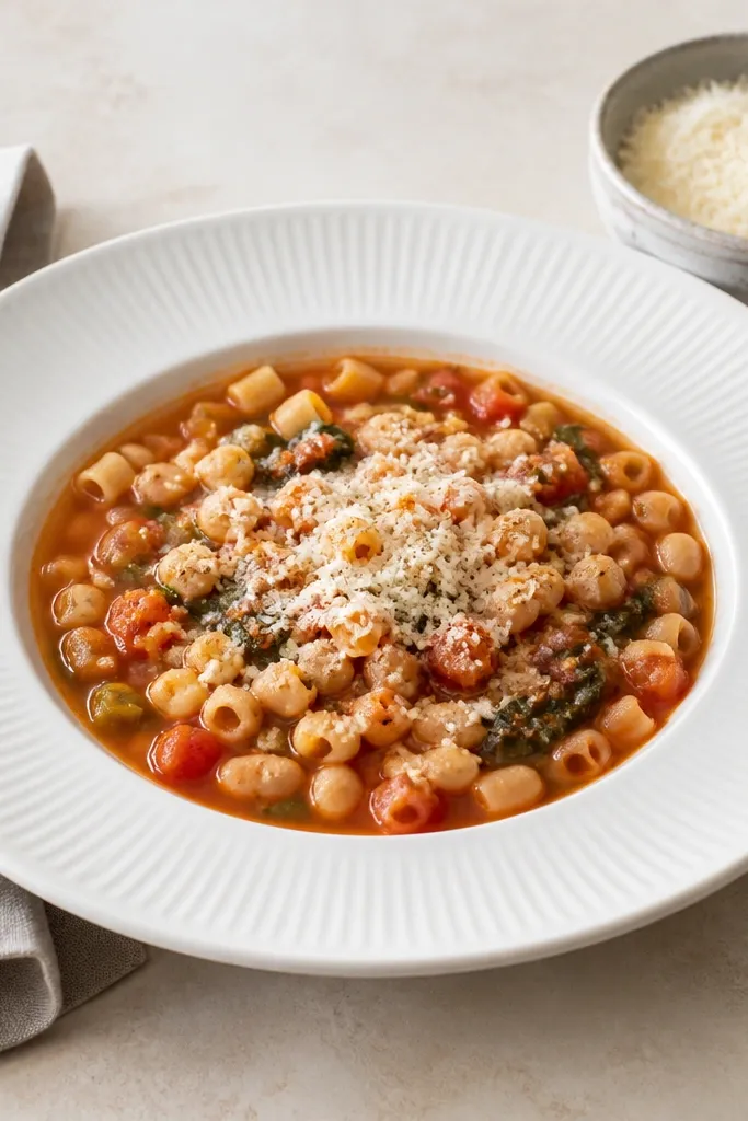 A white dinner plate with pasta fagioli ladled into the center, a small side bowl of extra parmesan, and a folded napkin beside it.
