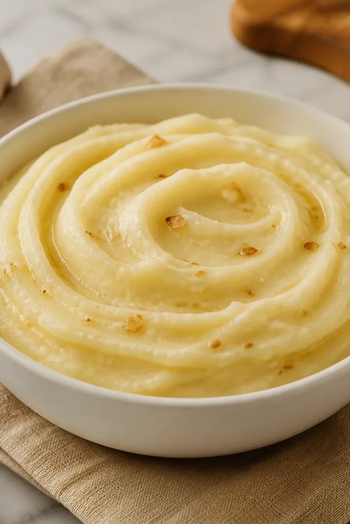 A white ceramic bowl filled with smooth, pale mashed potatoes. The surface has tight, glossy swirls from a spoon, with tiny flecks of roasted garlic and a faint sheen under warm kitchen light.