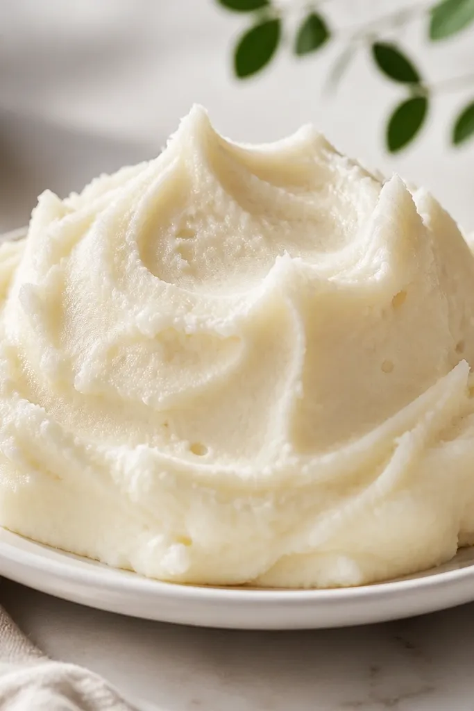 A mound of mashed potatoes on a plate, pure white and fluffy with soft peaks. The top has small air bubbles and a matte-to-satin finish, like whipped cream but thicker.