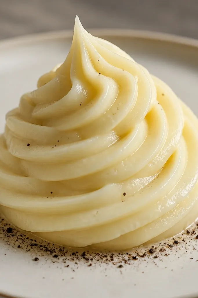 Mashed potatoes piped into a swirl using a piping bag, with a glossy highlight on each ridged curl. A dusting of finely ground black pepper sits in a thin ring around the base.