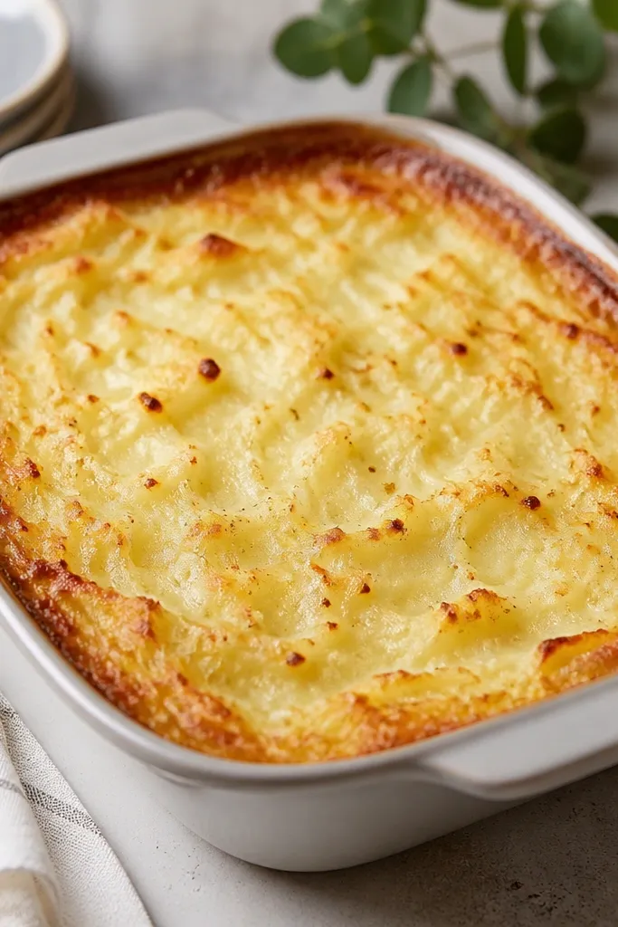 A shallow baking dish of mashed potatoes with a golden-brown crust on top and slightly darker edges. The center is pale and creamy, with tiny browned spots like roasted cheese but dairy-free.