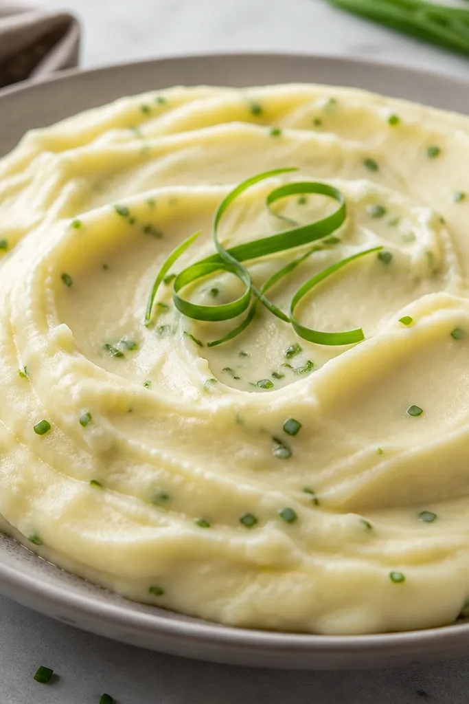 Mashed potatoes with visible green flecks, spread on a plate with a few chive curls on top. The surface is silky with a soft sheen and tiny herb bits throughout.