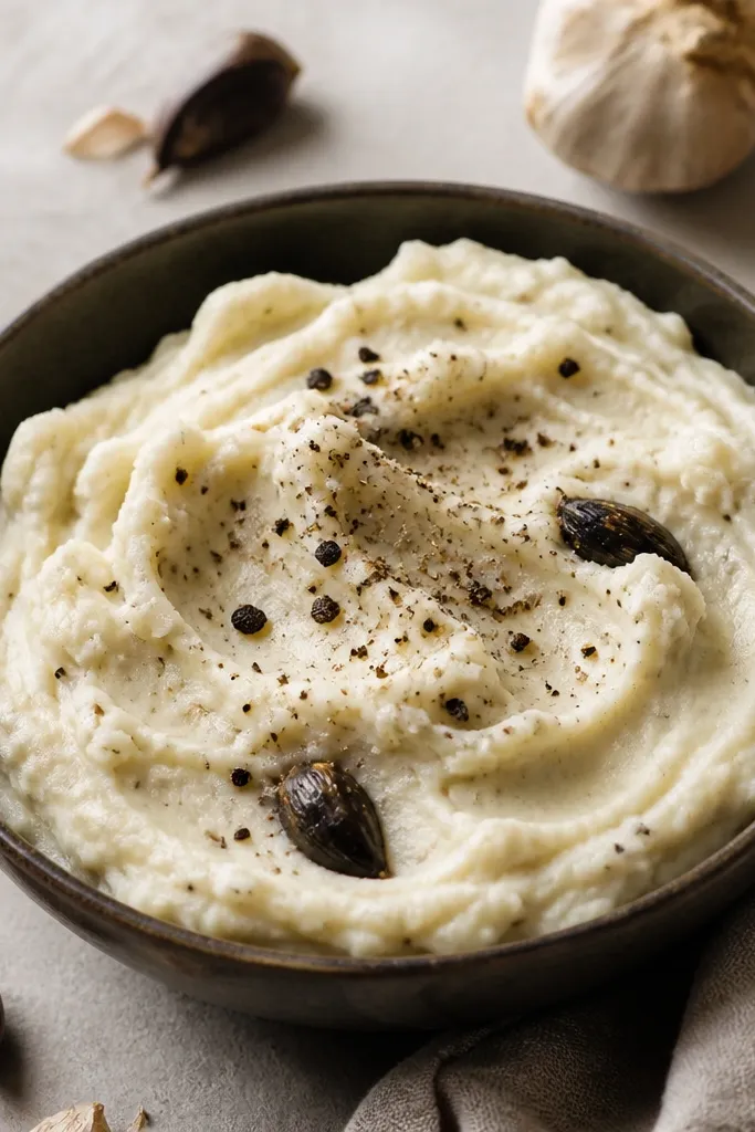 A dark-rimmed bowl of white mashed potatoes with a glossy surface and a few black garlic cloves mashed in. A generous crack of black pepper sits on top.