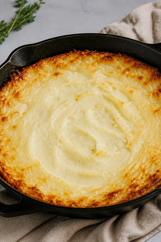 Mashed potatoes pressed into a skillet and browned around the edges. The center is creamy and pale, with a thin ring of caramelized gold around the perimeter.