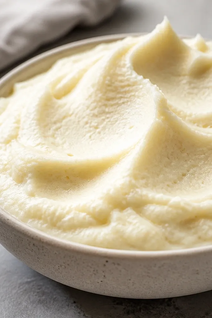 A bowl of very light mashed potatoes with tall peaks and a soft, airy look. The surface has tiny bubbles and looks almost mousse-like, but still thick enough to hold a spoon mark.