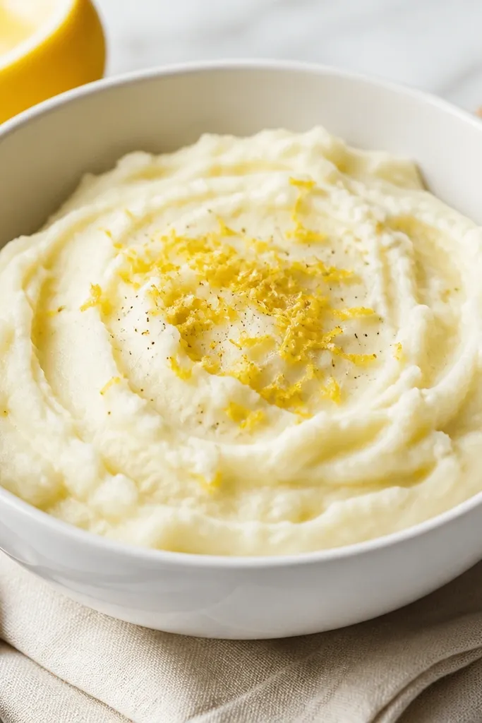 Mashed potatoes in a white bowl with a subtle glossy finish. A fine scatter of lemon zest sits on top, mostly concentrated near the center.