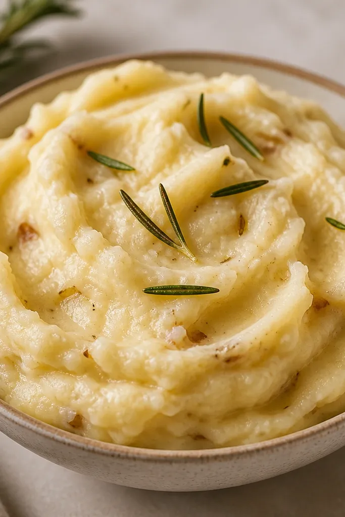 Mashed potatoes with a slightly darker, warm ivory tone. The surface has a gentle sheen with tiny browned bits mixed in, and a few rosemary needles on top.