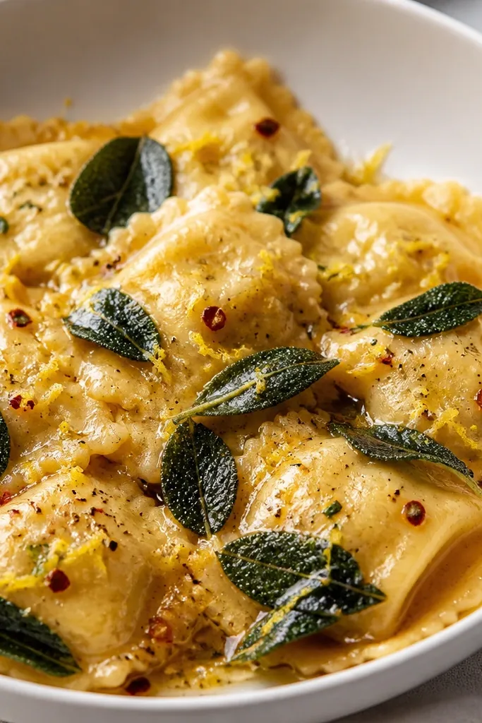 A white bowl filled with glossy cheese ravioli coated in golden brown butter, scattered with dark green sage leaves, and a dusting of pale yellow lemon zest. A few red pepper flakes sit on top.
