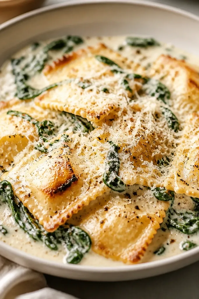 A shallow bowl of creamy off-white ravioli sauce with wilted spinach ribbons, topped with freshly grated parmesan snow and black pepper. The ravioli edges look slightly browned.